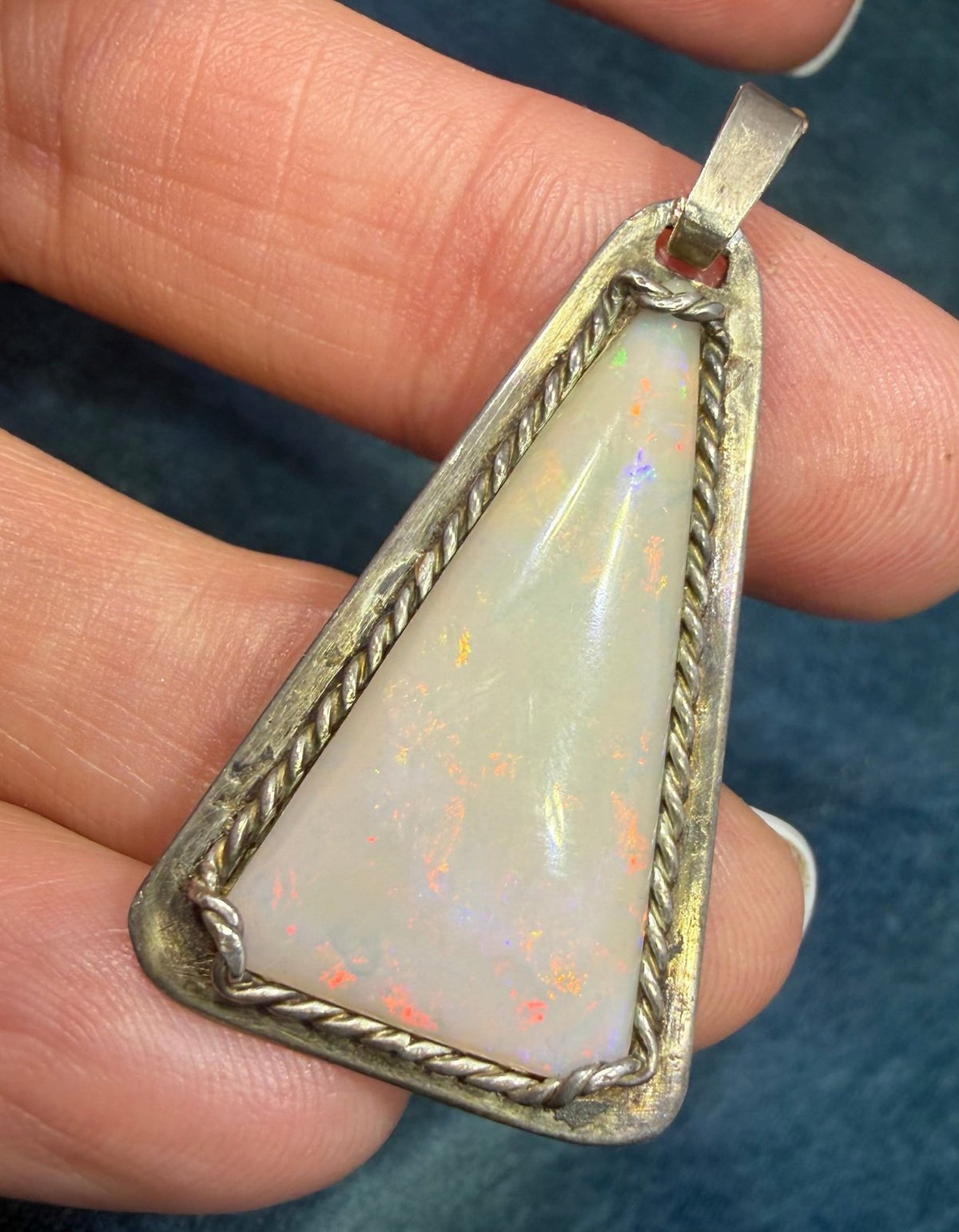 Australian Opal Sterling Silver Triangle Pendant. Old Pawn 1.5" *Video*