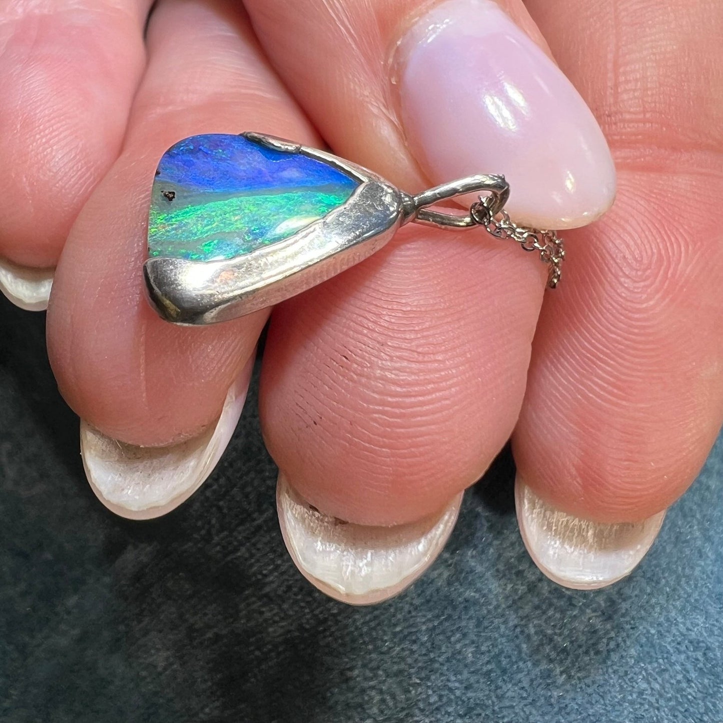 Australian Opal Triangle Pendant in Silver 925. Colors of the Sea **VIDEO**