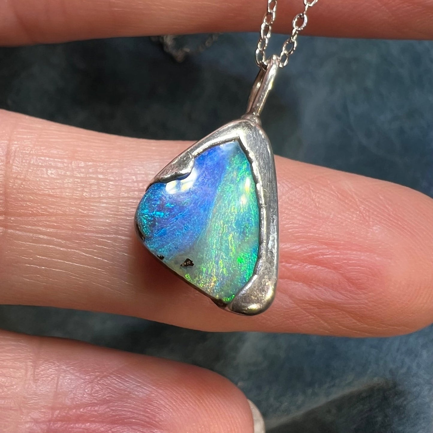 Australian Opal Triangle Pendant in Silver 925. Colors of the Sea **VIDEO**