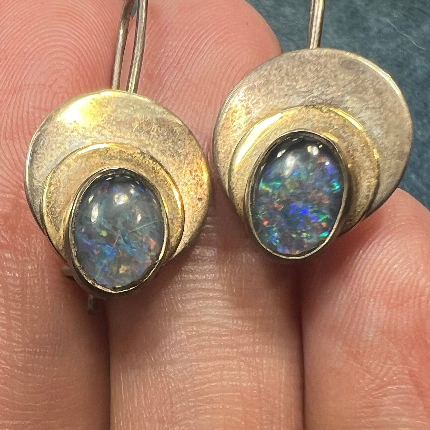 Australian Opal Triplet 3 Circle Dangle Earrings. 925 + 10k