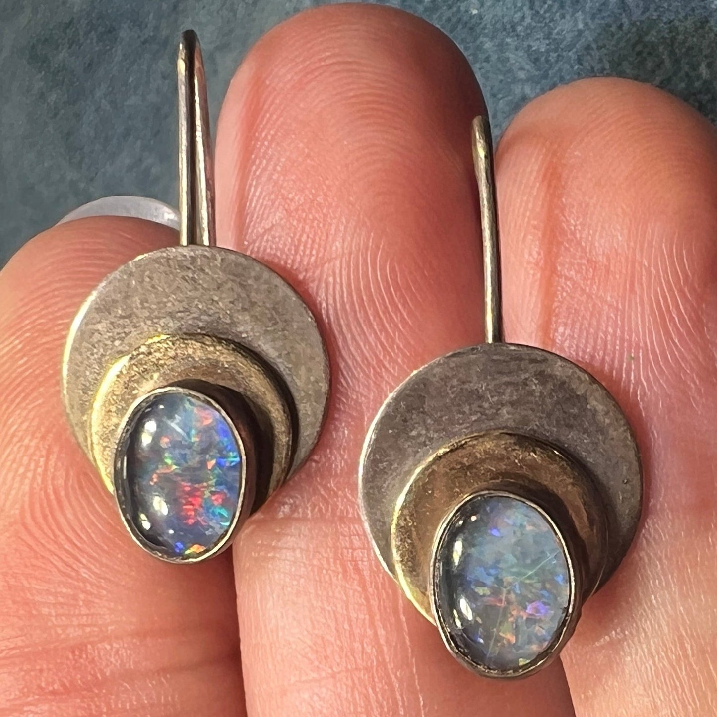 Australian Opal Triplet 3 Circle Dangle Earrings. 925 + 10k