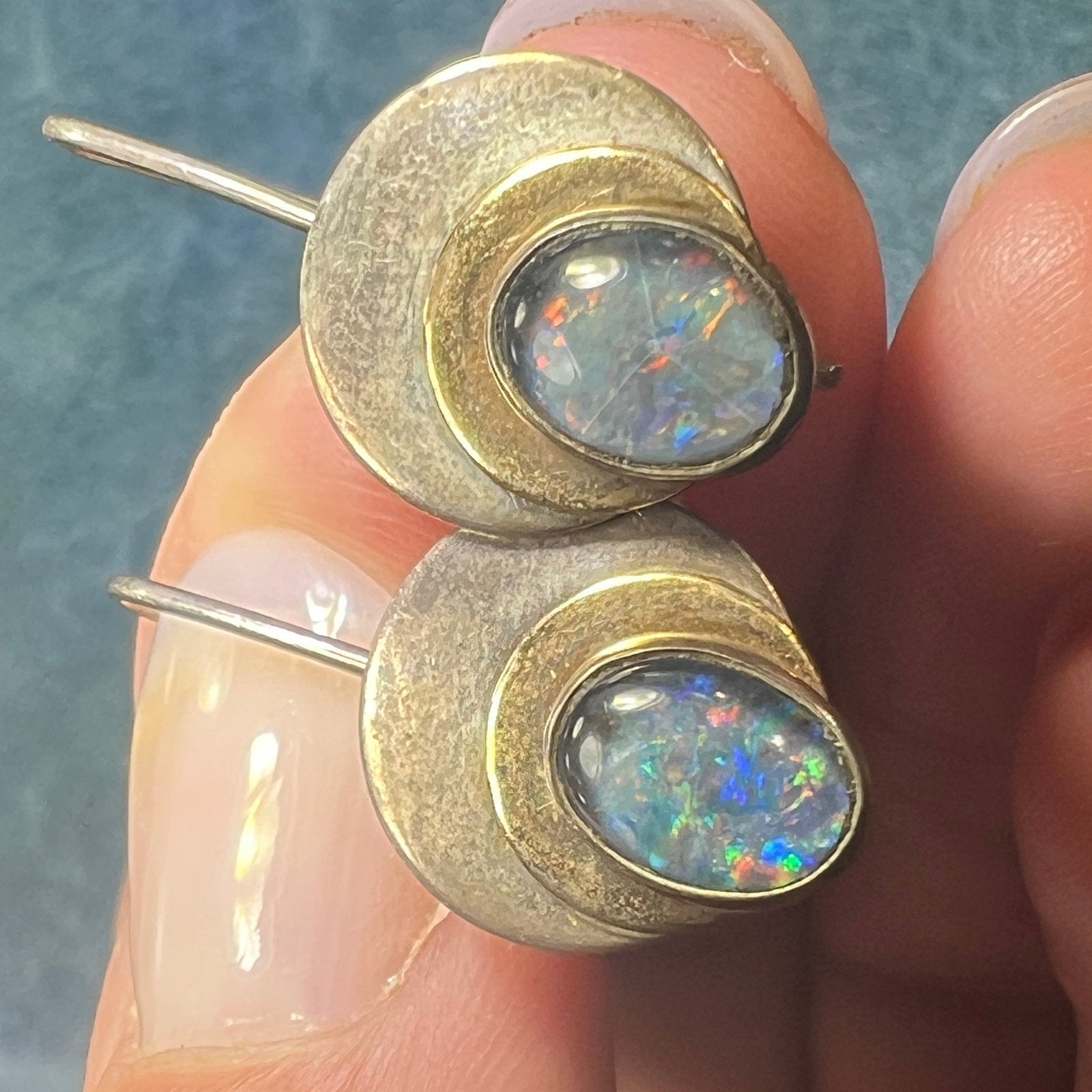 Australian Opal Triplet 3 Circle Dangle Earrings. 925 + 10k