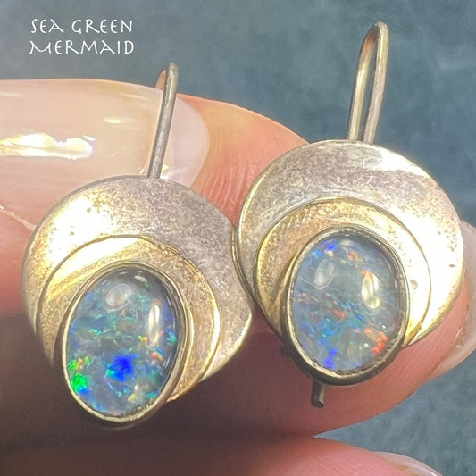 Australian Opal Triplet 3 Circle Dangle Earrings. 925 + 10k