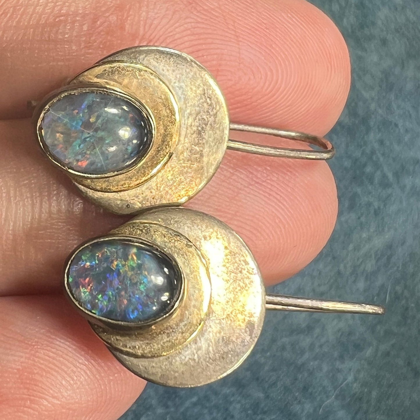 Australian Opal Triplet 3 Circle Dangle Earrings. 925 + 10k