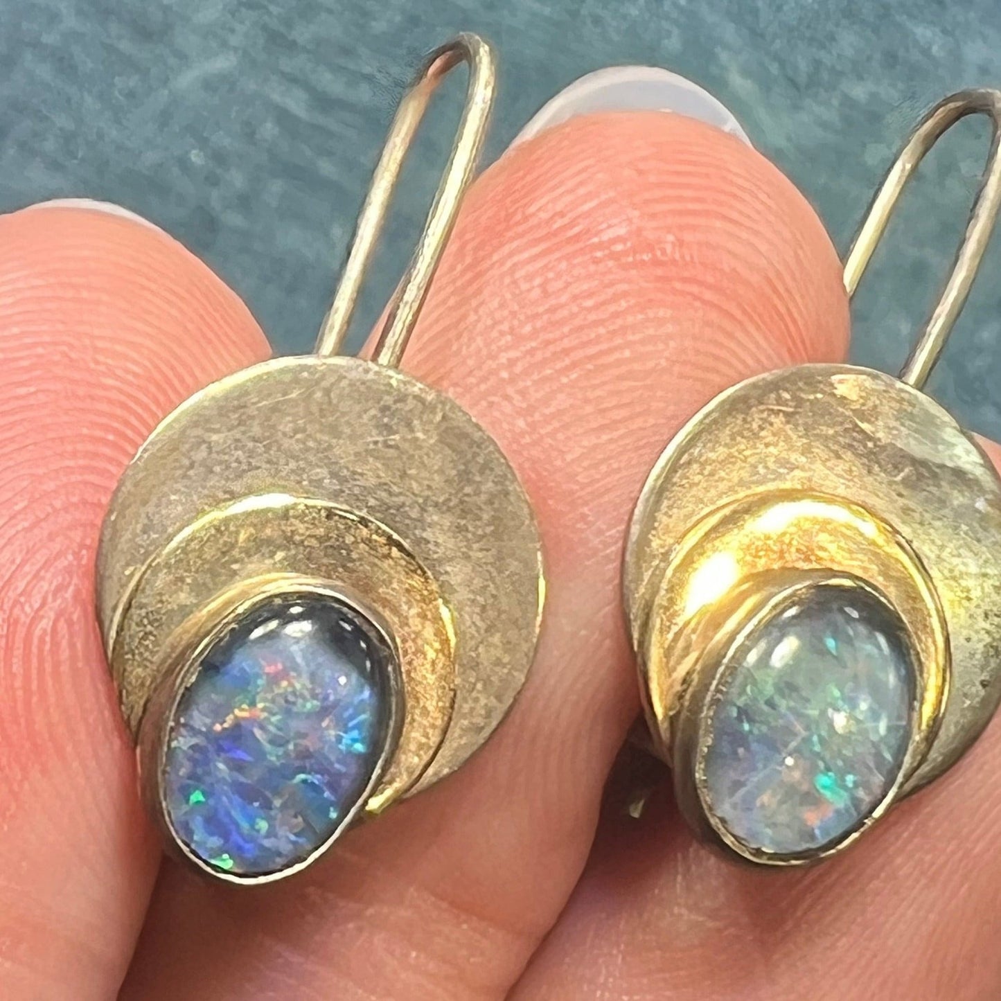 Australian Opal Triplet 3 Circle Dangle Earrings. 925 + 10k