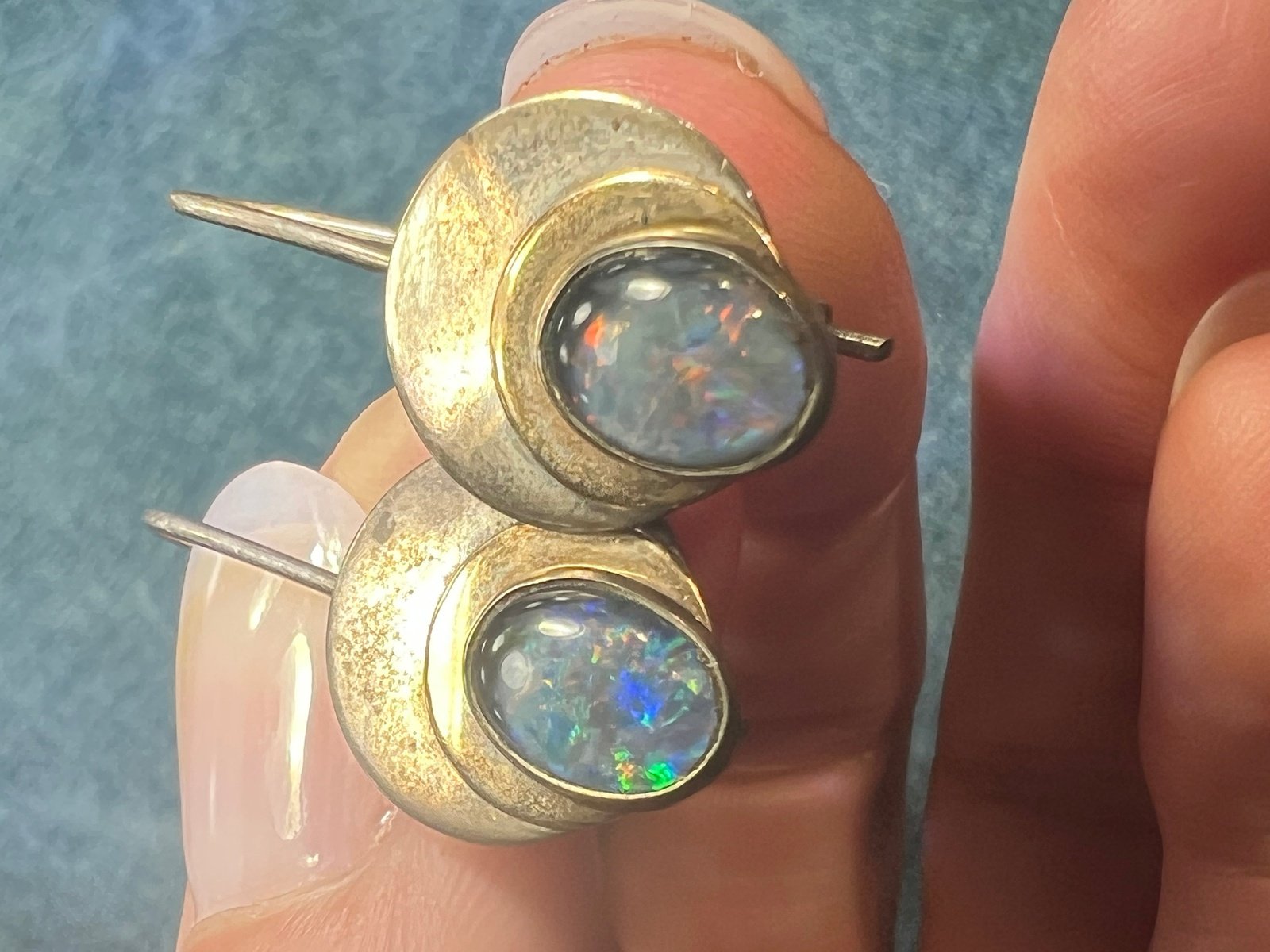 Australian Opal Triplet 3 Circle Dangle Earrings. 925 + 10k