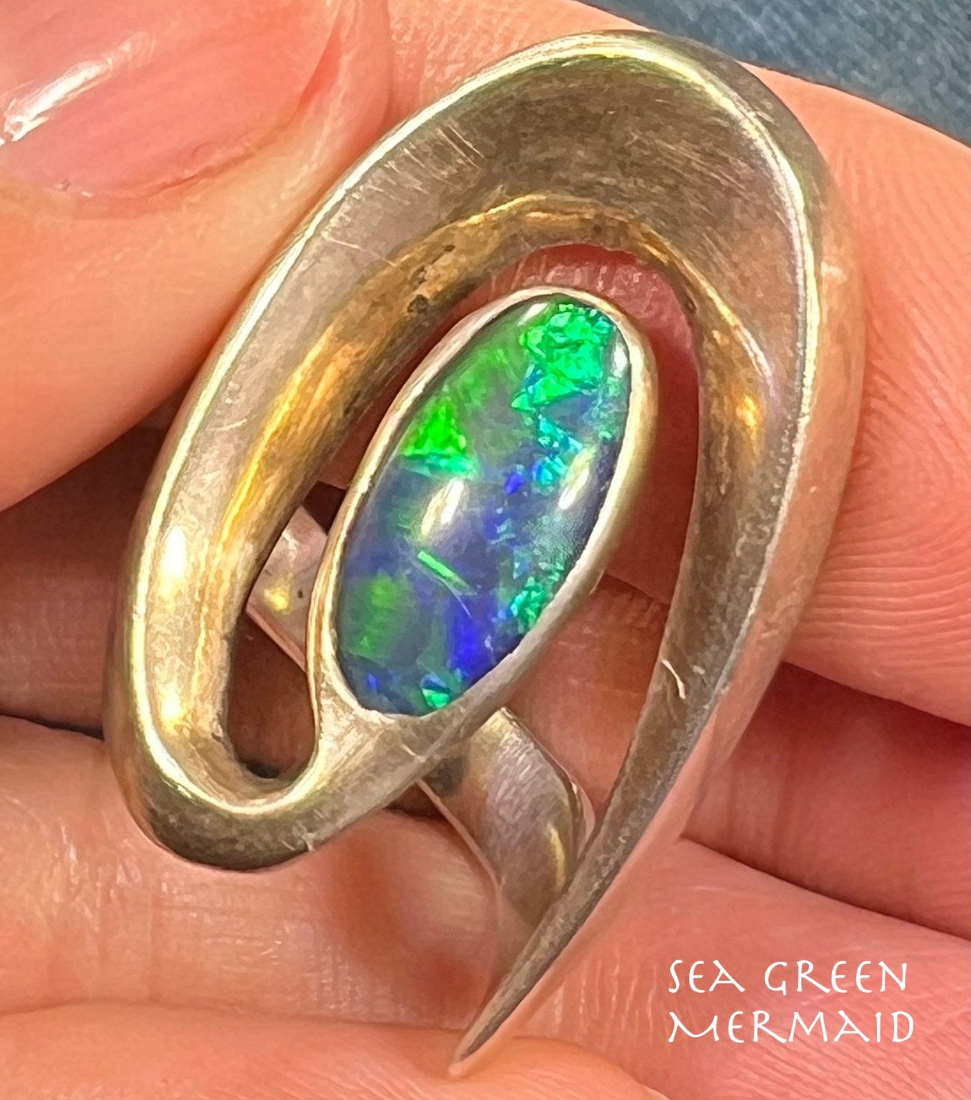 Australian Opal Triplet 925 Danish Modern Snake Vortex Ring. 1.3" + 13g *Video*