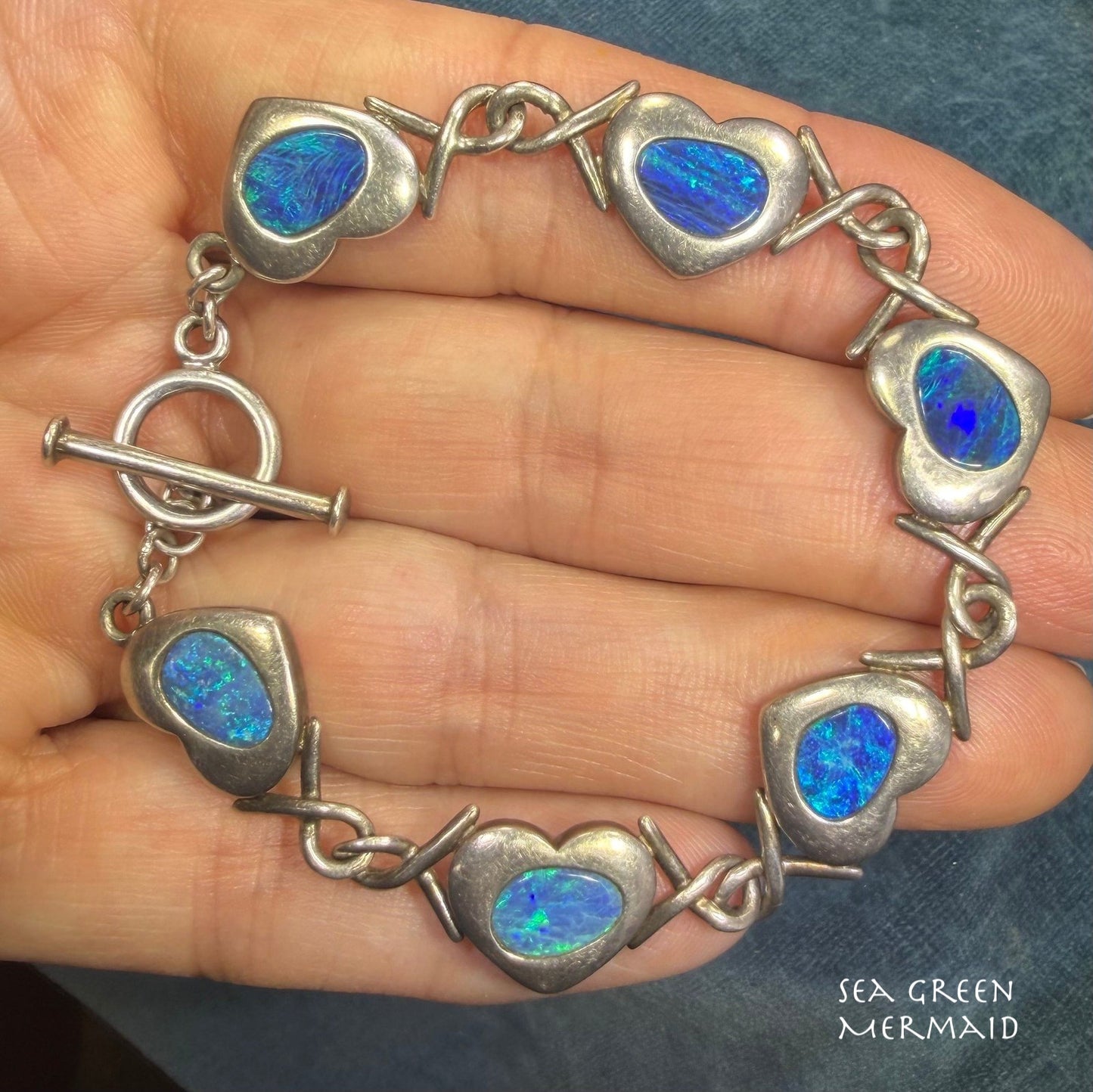 Australian Opal Triplet Hearts Bracelet in 925 Sterling Silver. 13g