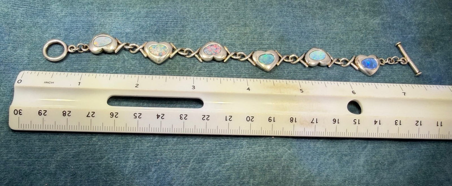 Australian Opal Triplet Hearts Bracelet in 925 Sterling Silver. 13g *Video*