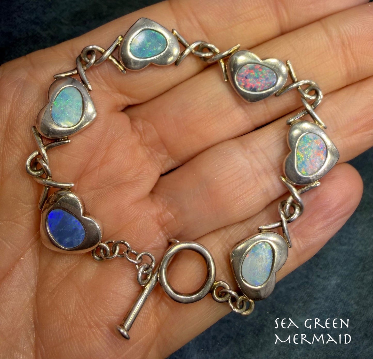 Australian Opal Triplet Hearts Bracelet in 925 Sterling Silver. 13g *Video*