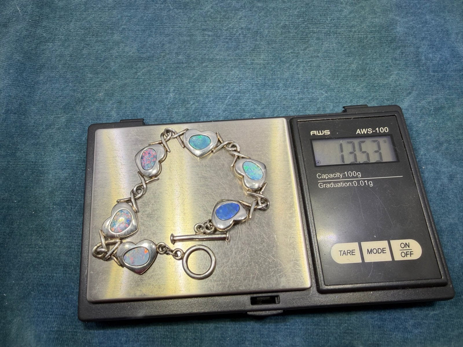Australian Opal Triplet Hearts Bracelet in 925 Sterling Silver. 13g *Video*