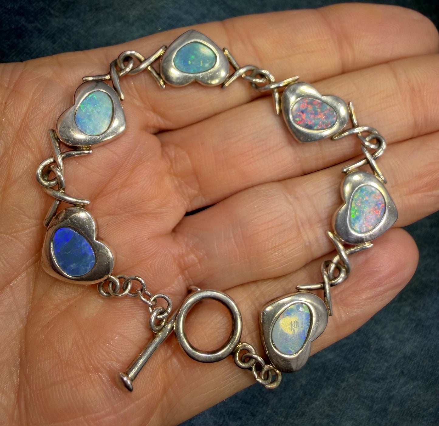 Australian Opal Triplet Hearts Bracelet in 925 Sterling Silver. 13g *Video*