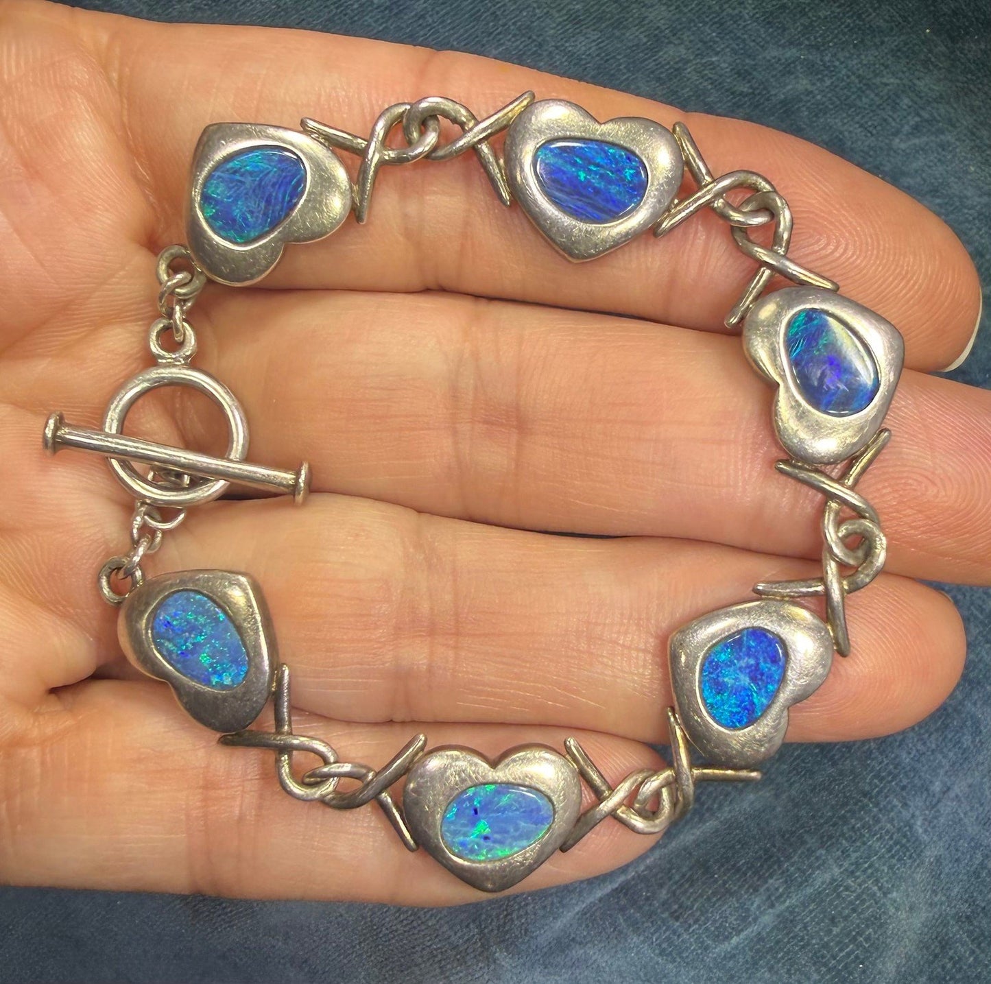 Australian Opal Triplet Hearts Bracelet in 925 Sterling Silver. 13g