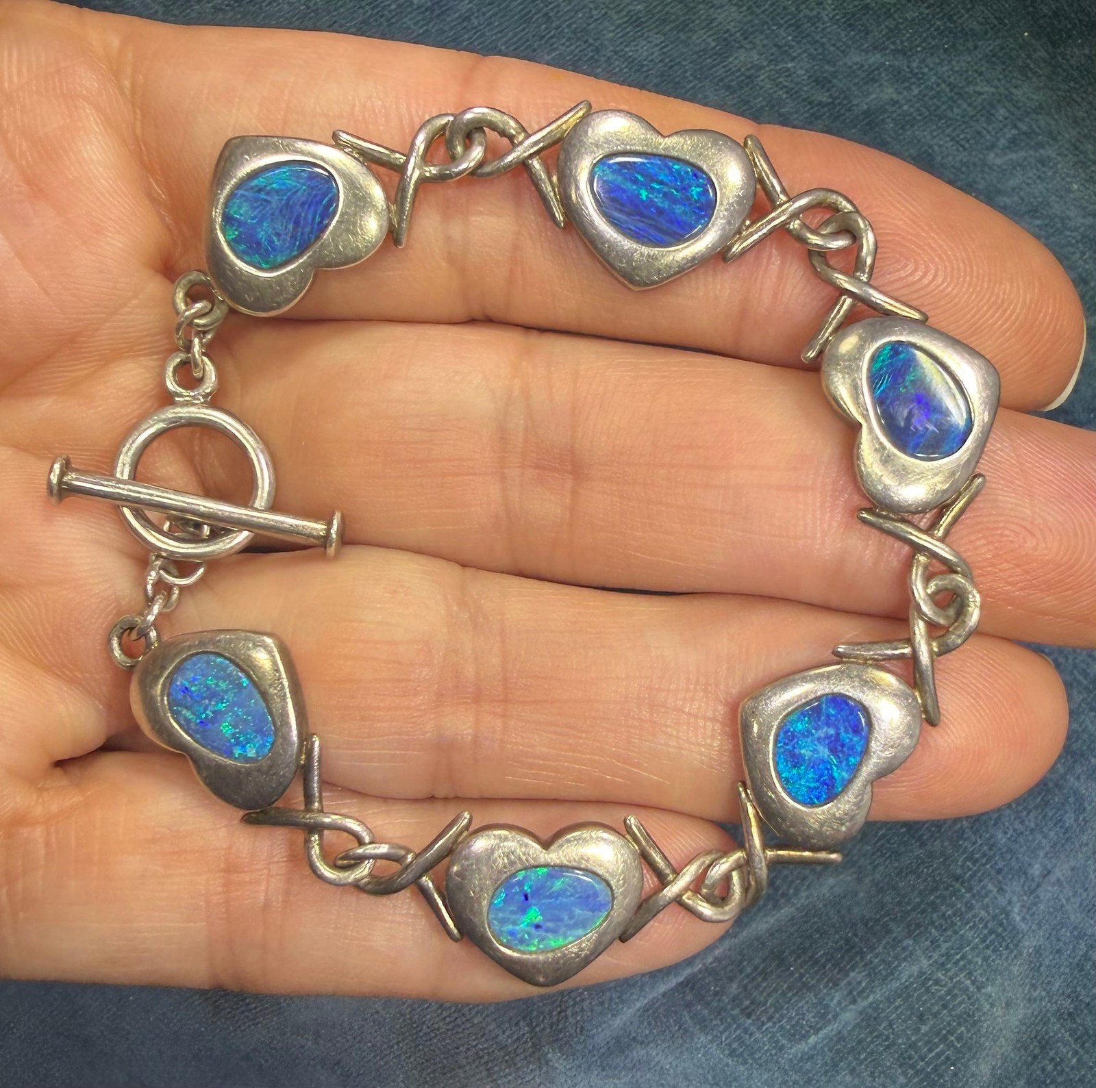 Australian Opal Triplet Hearts Bracelet in 925 Sterling Silver. 13g
