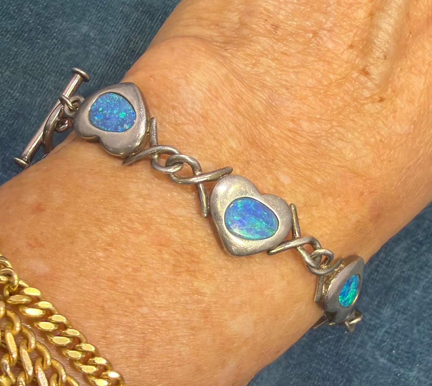 Australian Opal Triplet Hearts Bracelet in 925 Sterling Silver. 13g