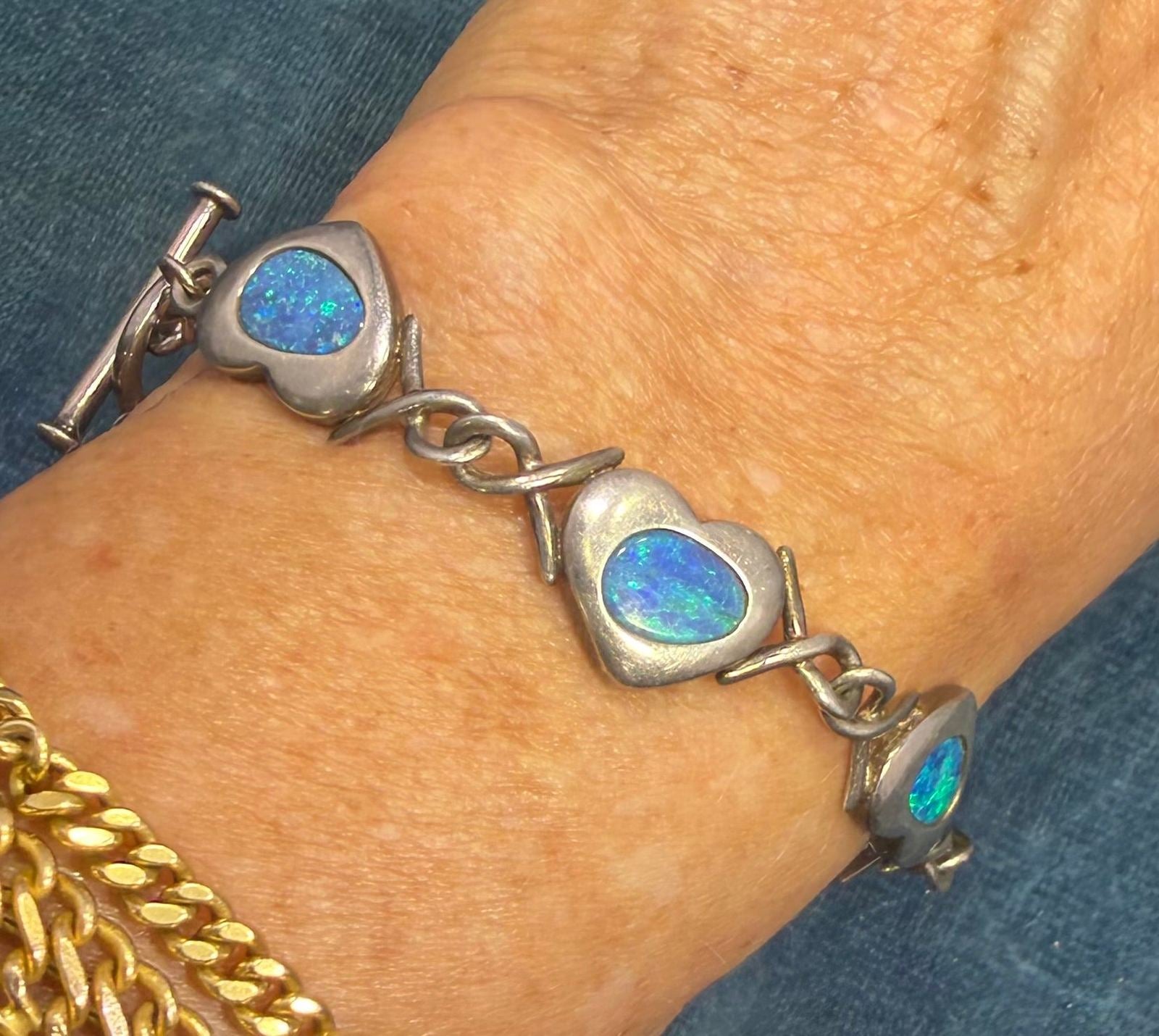 Australian Opal Triplet Hearts Bracelet in 925 Sterling Silver. 13g