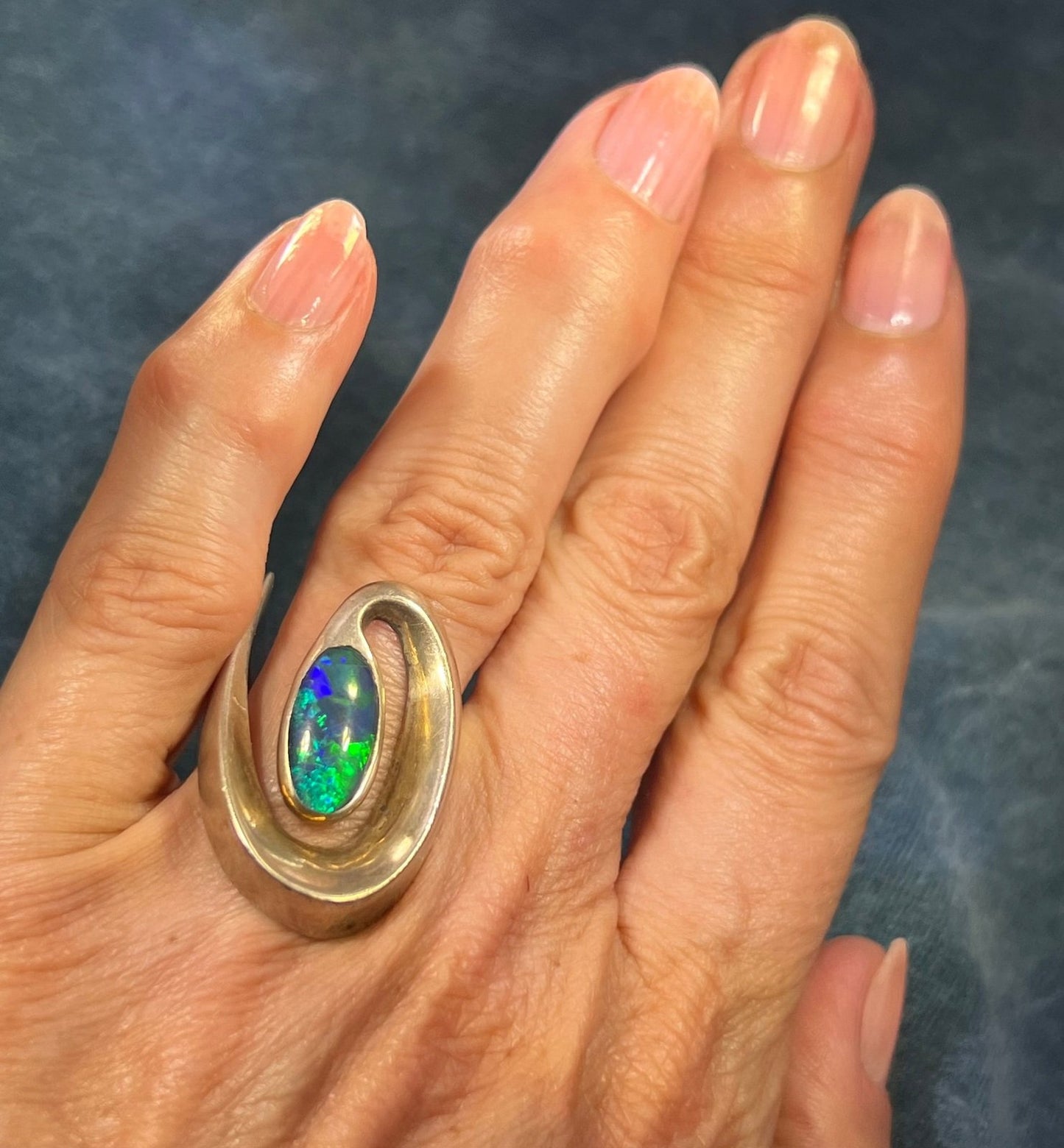 Australian Opal Triplet in 925 Danish Modern Snake Vortex Ring. 1.3" + 13g *Video*