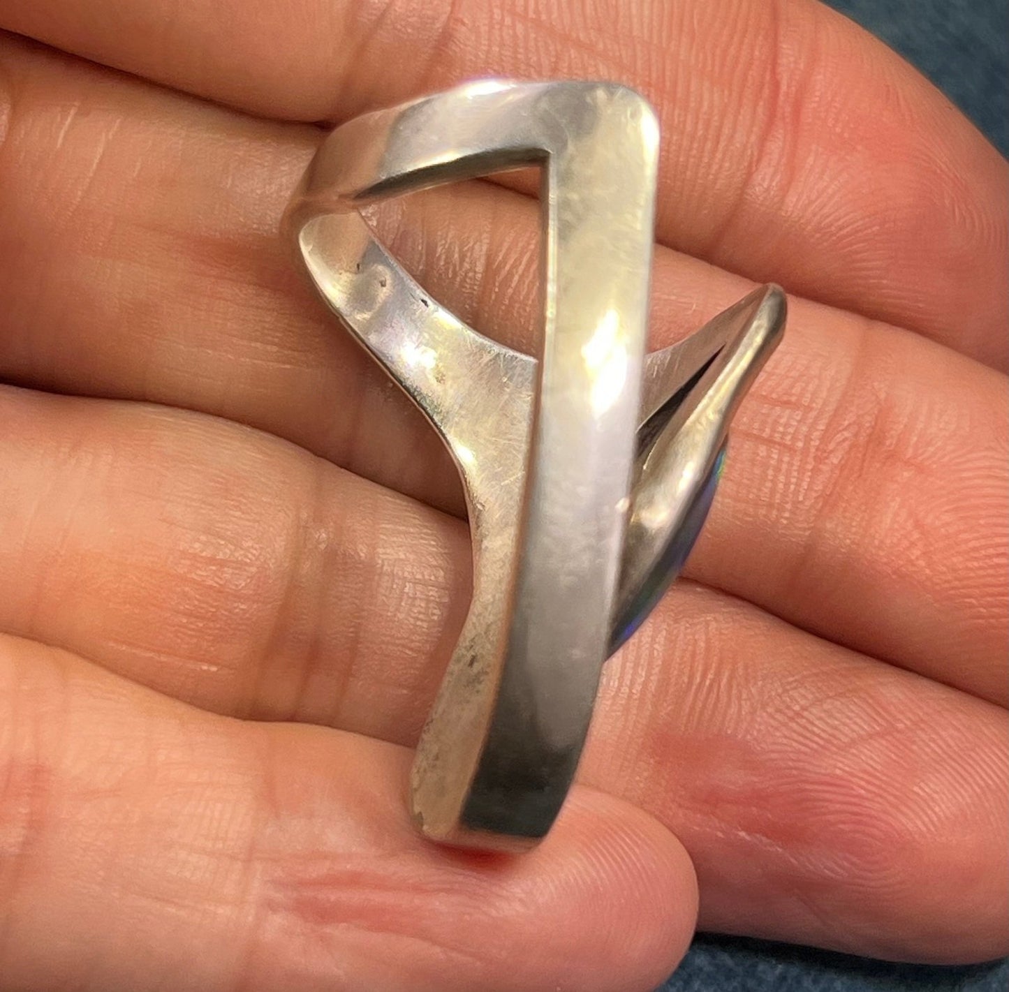 Australian Opal Triplet in 925 Danish Modern Snake Vortex Ring. 1.3" + 13g *Video*