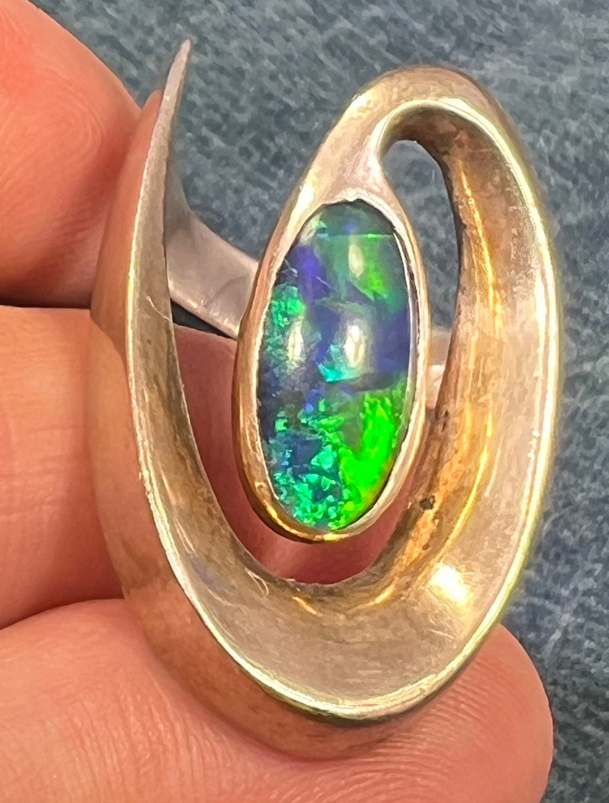 Australian Opal Triplet in 925 Danish Modern Snake Vortex Ring. 1.3" + 13g *Video*
