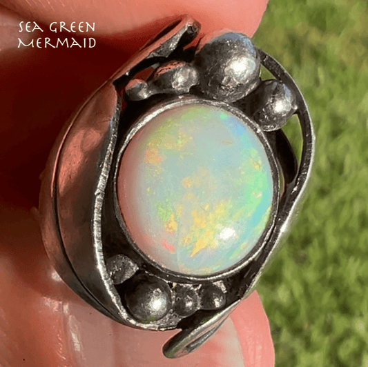 Australian Opal in Sterling Silver Art Nouveau Grape Leaf Ring *Video*