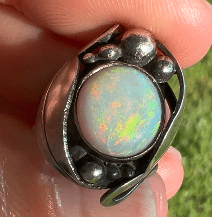 Australian Opal in Sterling Silver Art Nouveau Grape Leaf Ring *Video*