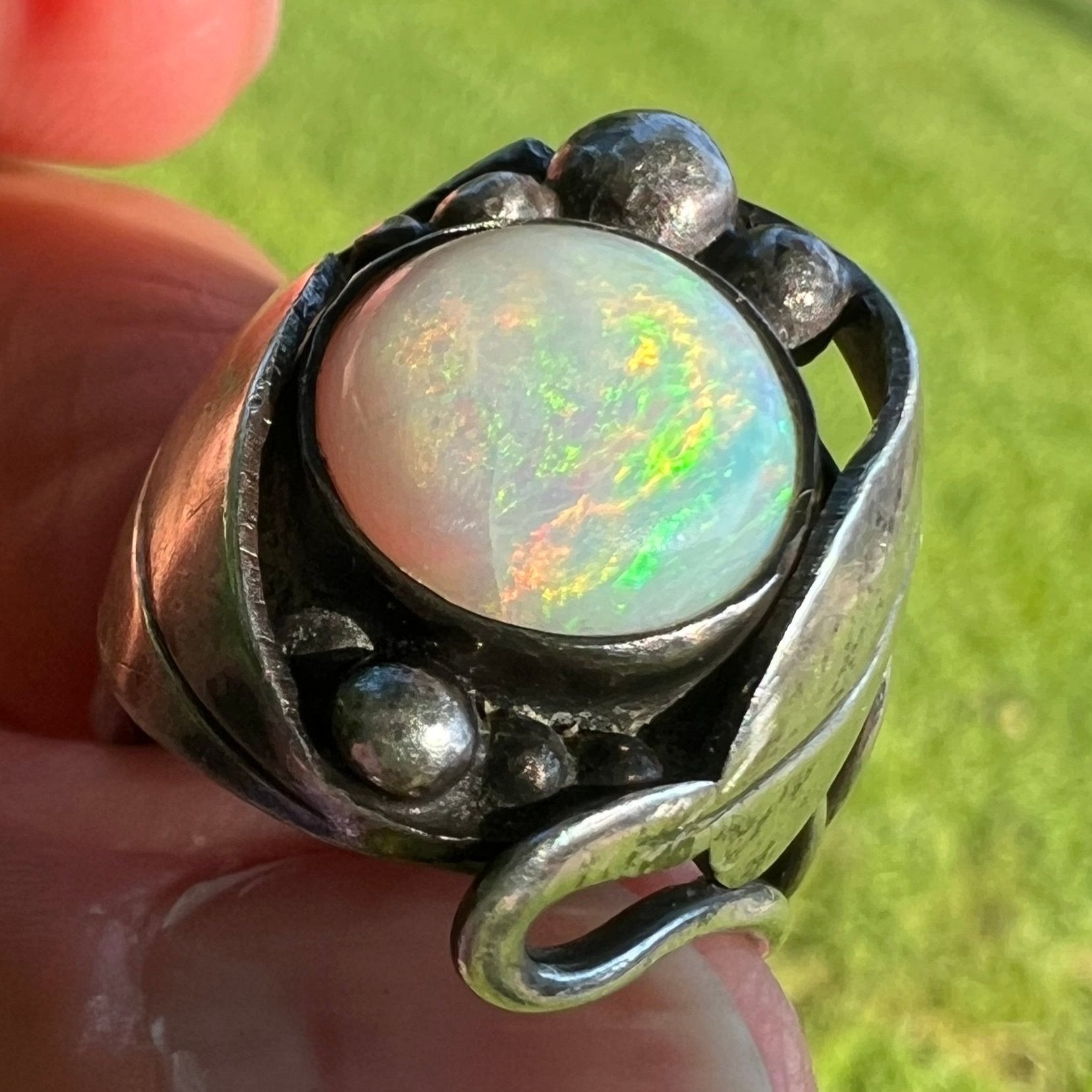 Australian Opal in Sterling Silver Art Nouveau Grape Leaf Ring *Video*