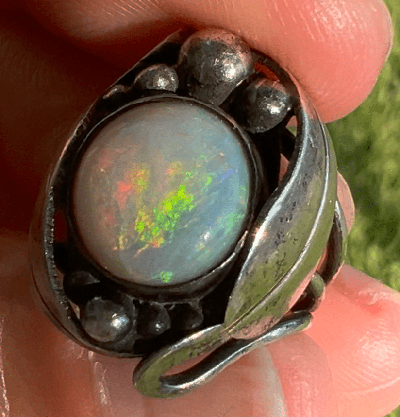 Australian Opal in Sterling Silver Art Nouveau Grape Leaf Ring *Video*