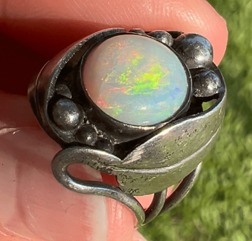 Australian Opal in Sterling Silver Art Nouveau Grape Leaf Ring *Video*