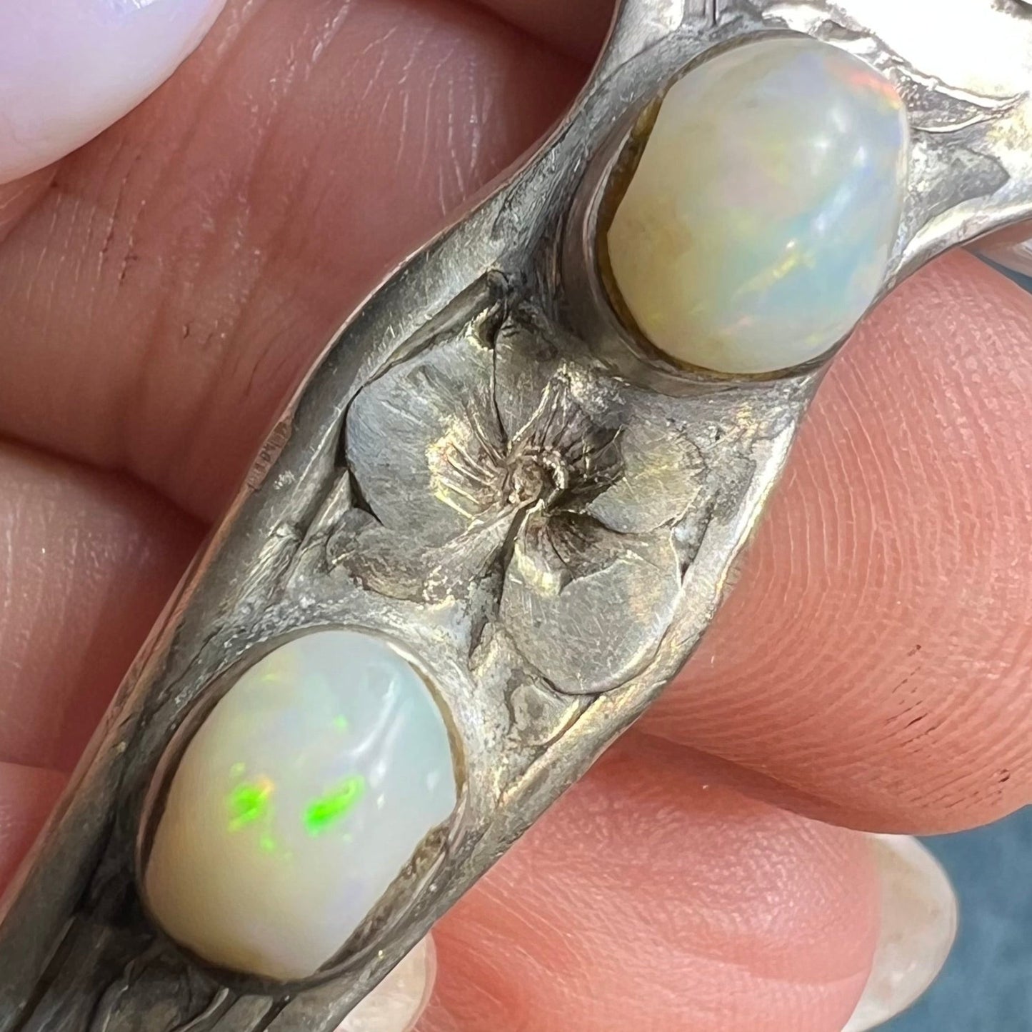 Australian Opals in Int'l Silver Co Indian Head Spoon Pendant. 2" *Video*