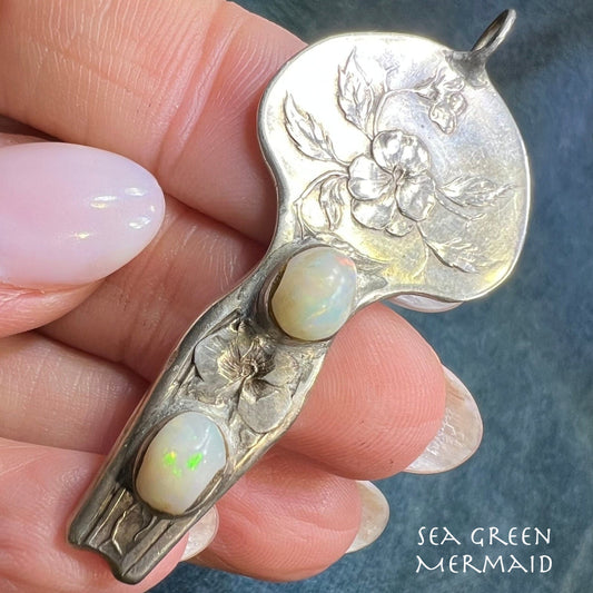 Australian Opals in Int'l Silver Co Indian Head Spoon Pendant. 2" *Video*