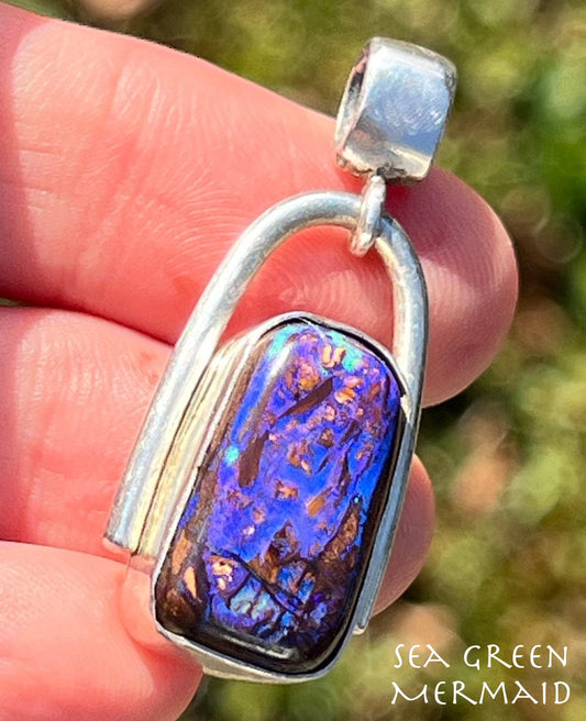 Australian Purple Boulder Opal Pendant in Silver. 1.5" + 8.9g *Video*