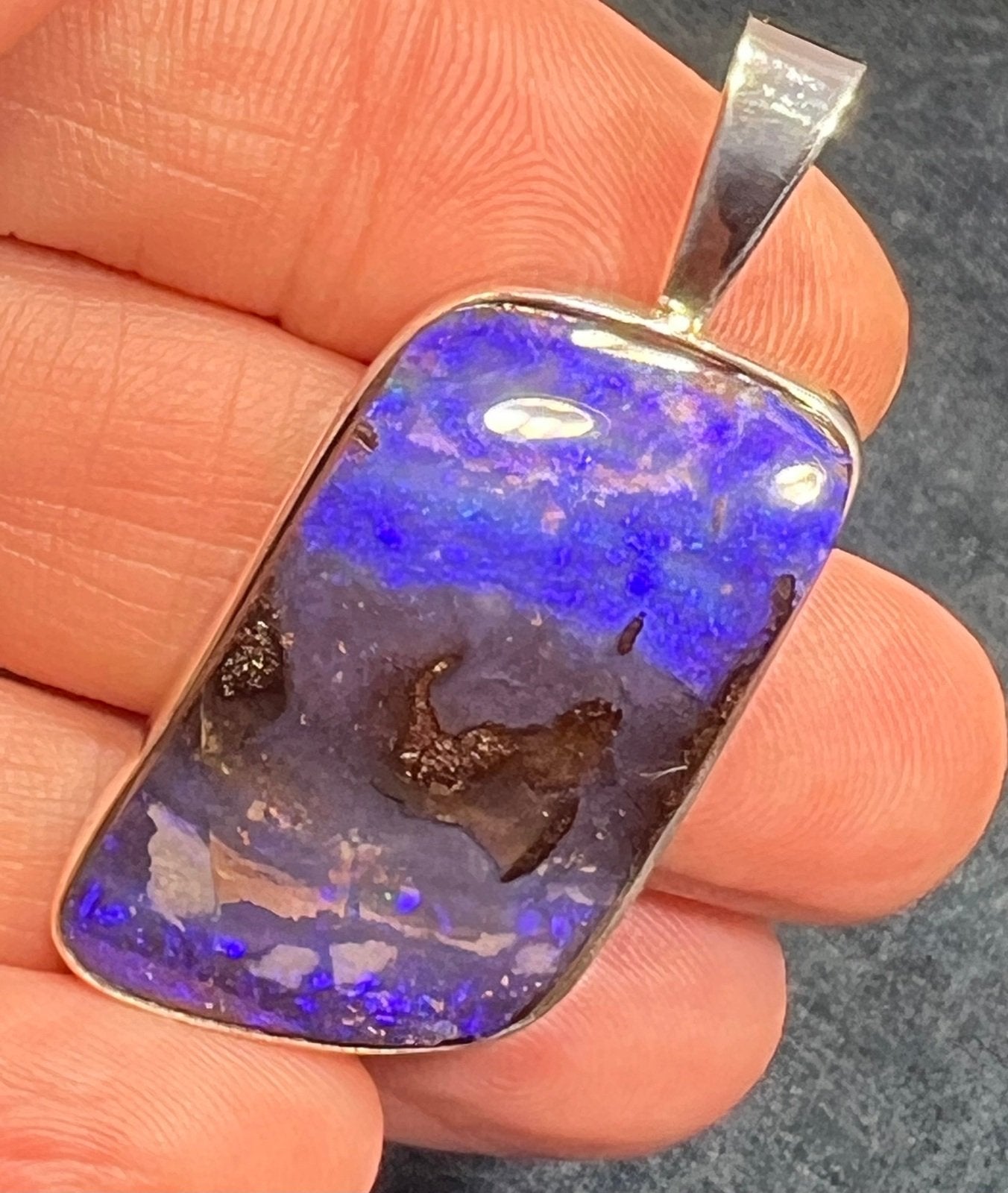 Australian Purple Boulder Opal Pendant in Silver. 2" + 9g *Video*