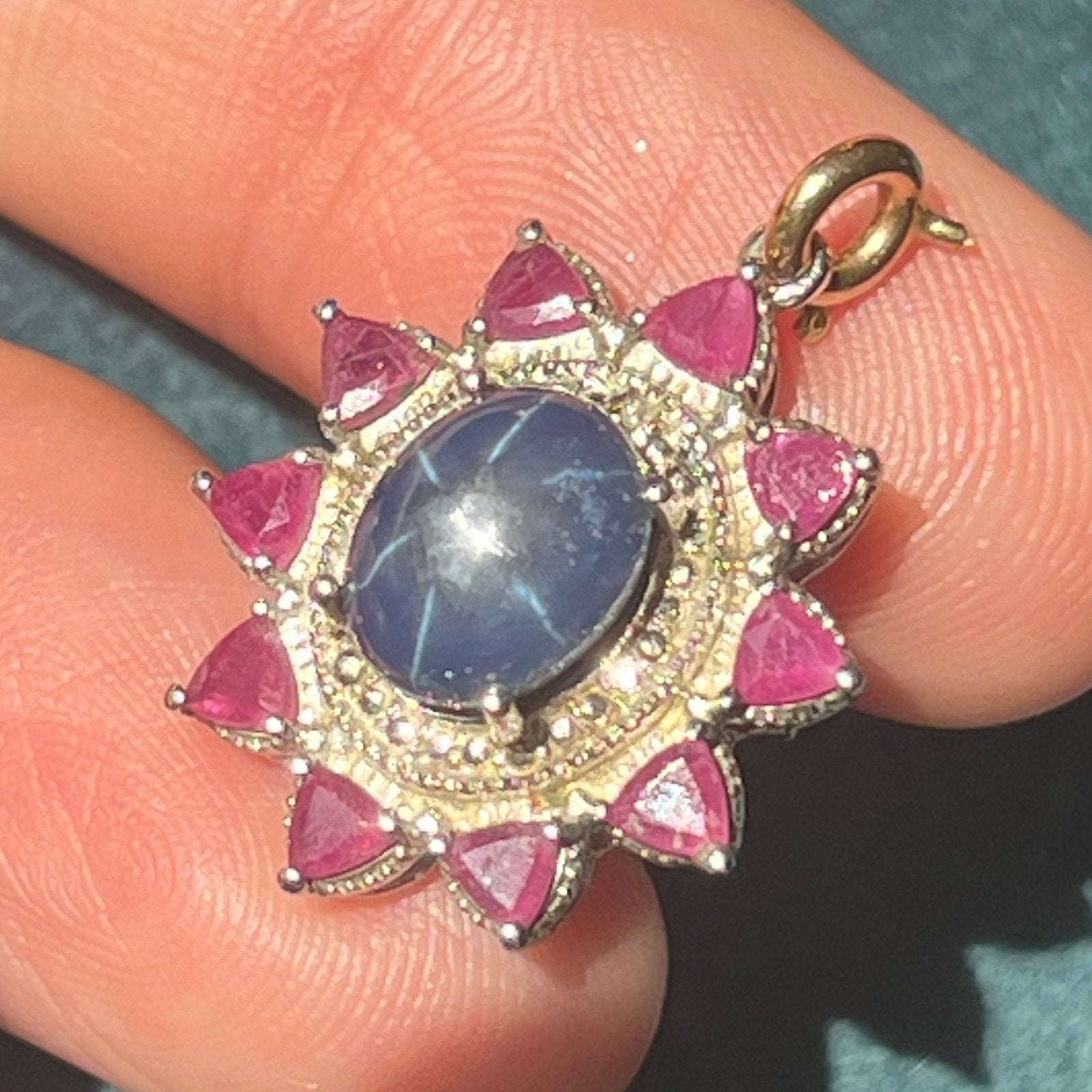 Blue Star Sapphire Pendant w Ruby Halo in Sterling Silver *Video*