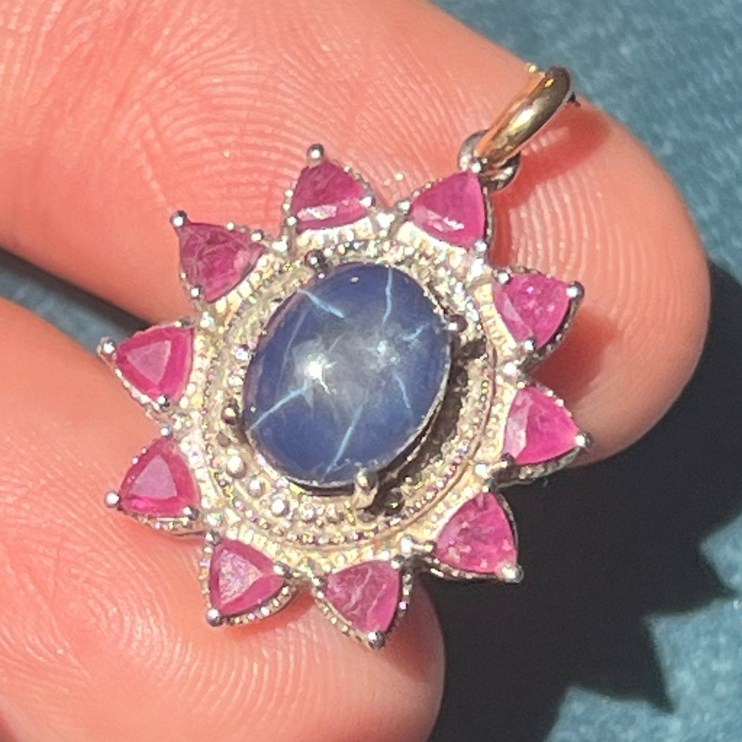 Blue Star Sapphire Pendant w Ruby Halo in Sterling Silver *Video*