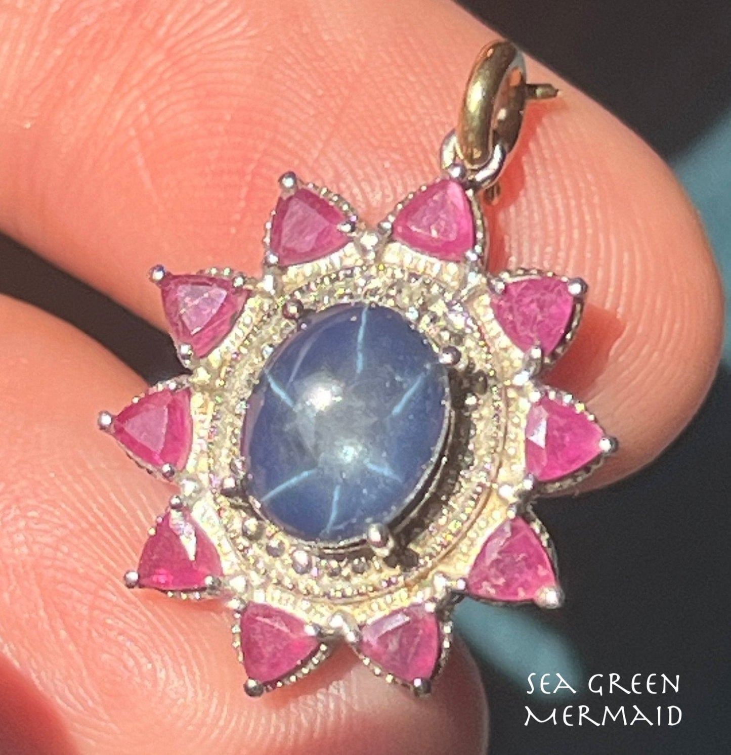 Blue Star Sapphire Pendant w Ruby Halo in Sterling Silver *Video*