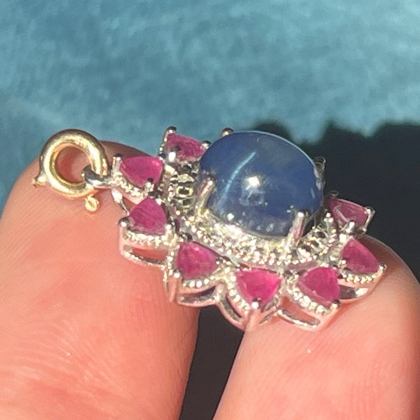 Blue Star Sapphire Pendant w Ruby Halo in Sterling Silver *Video*