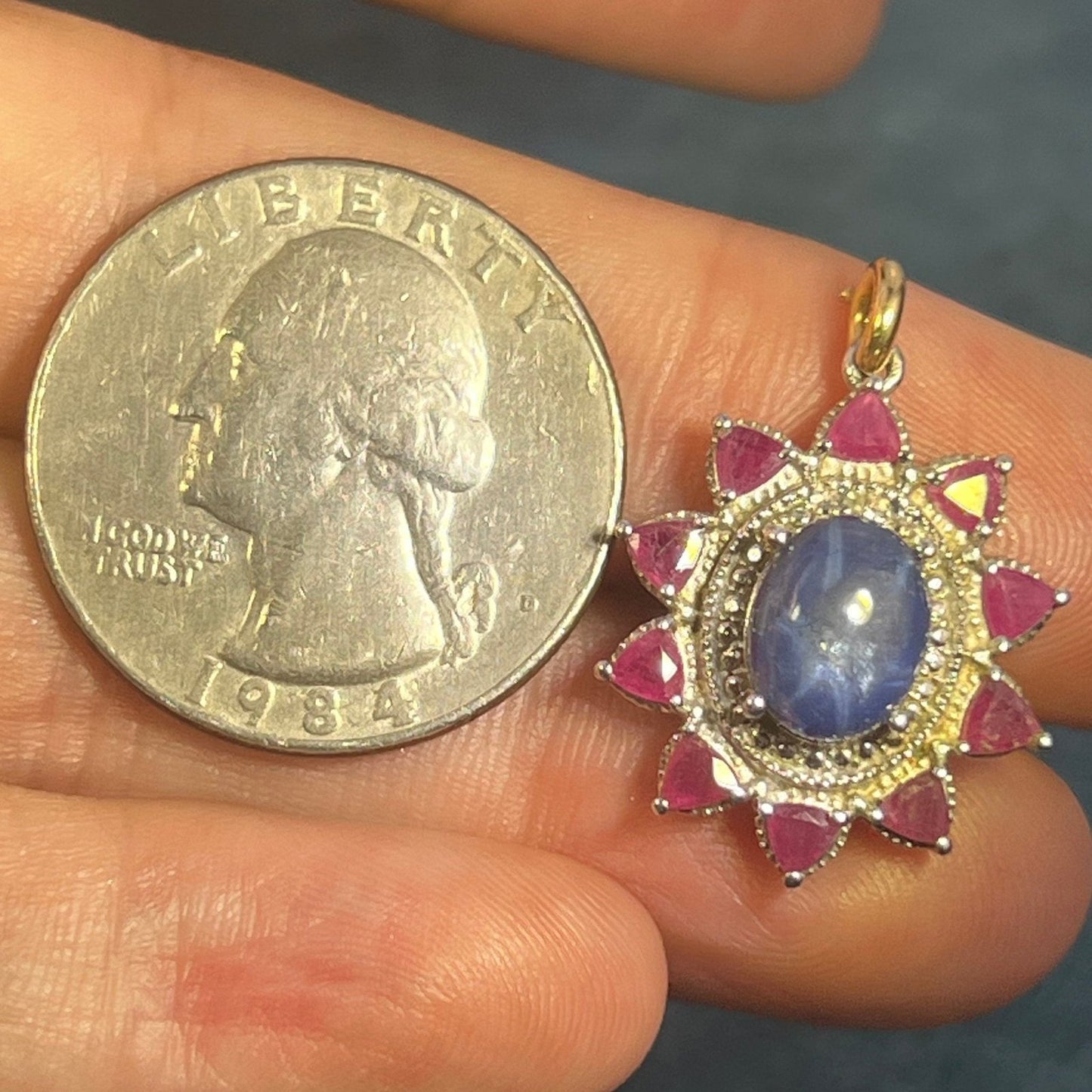 Blue Star Sapphire Pendant w Ruby Halo in Sterling Silver *Video*