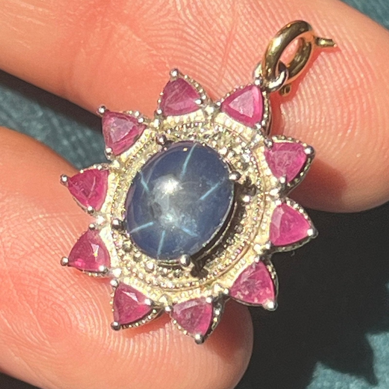 Blue Star Sapphire Pendant w Ruby Halo in Sterling Silver *Video*