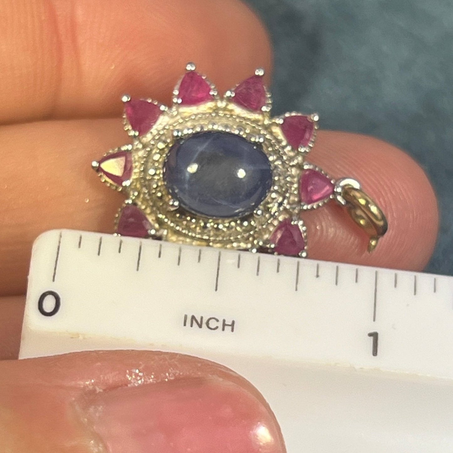 Blue Star Sapphire Pendant w Ruby Halo in Sterling Silver *Video*