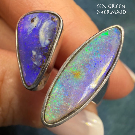 Boulder Opal Open Modernist Silver Ring. Purple + Lavender Blue *Video*