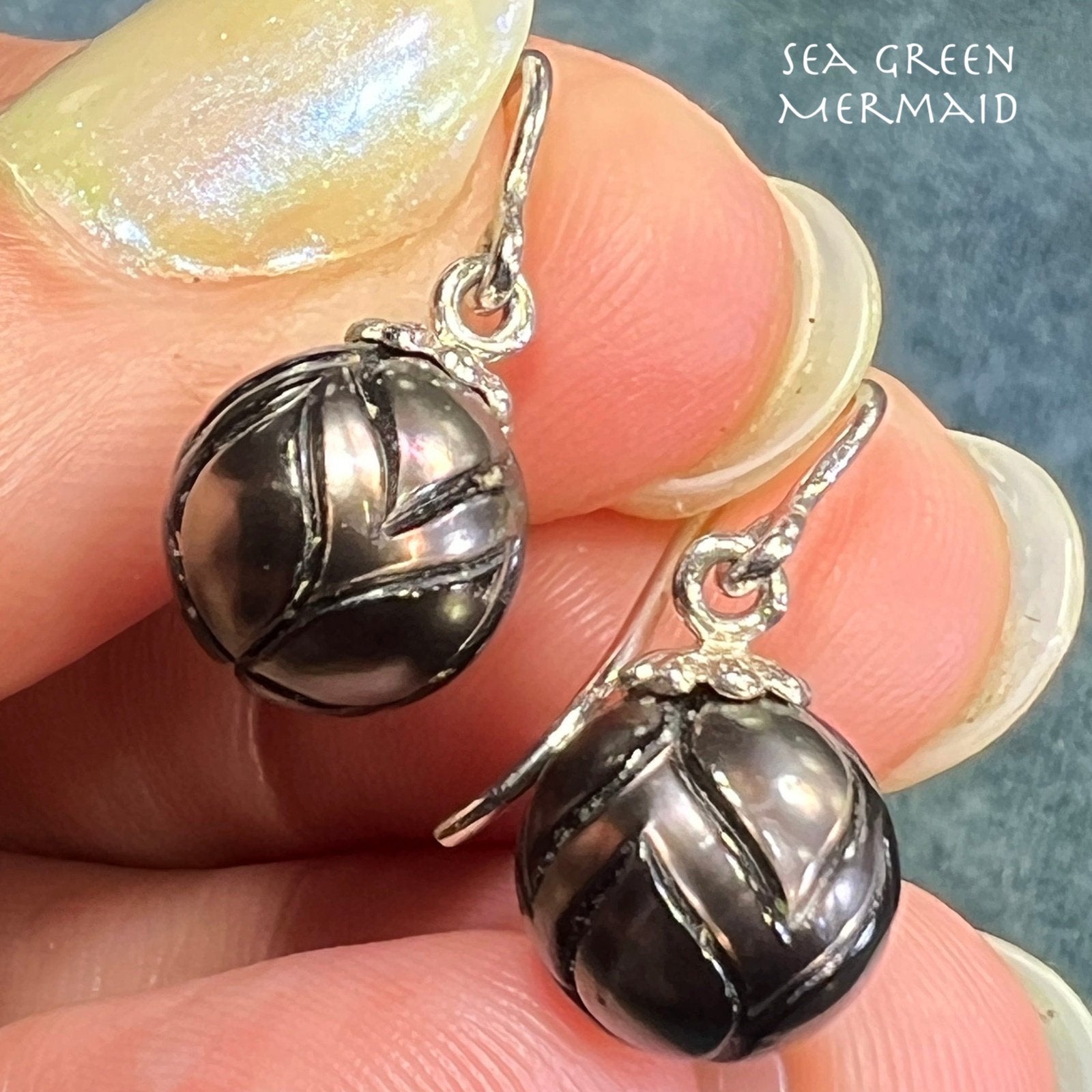 Carved Tahitian Black Pearl Earrings in Sterling Silver. Lotus Blossom