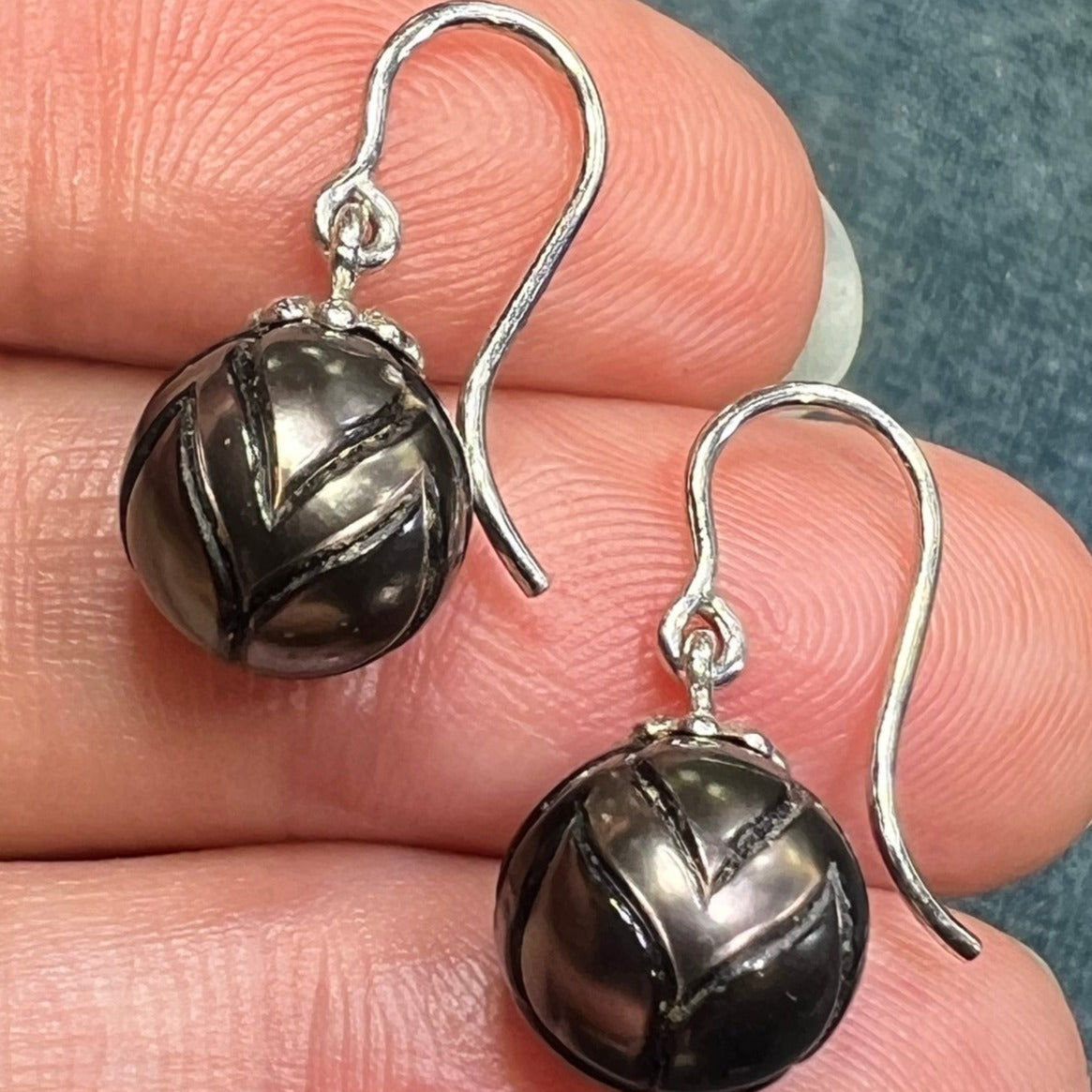 Carved Tahitian Black Pearl Earrings in Sterling Silver. Lotus Blossom