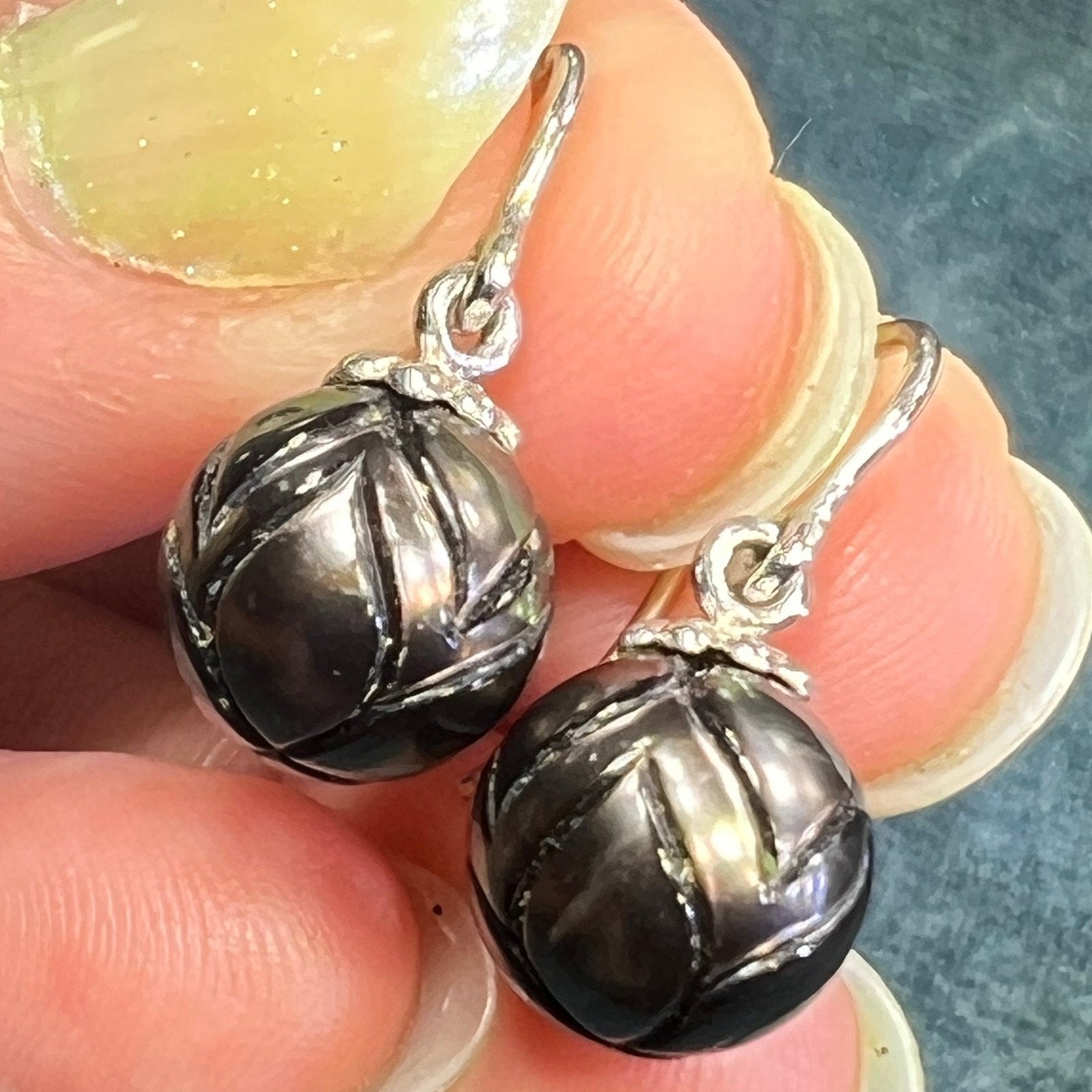 Carved Tahitian Black Pearl Earrings in Sterling Silver. Lotus Blossom