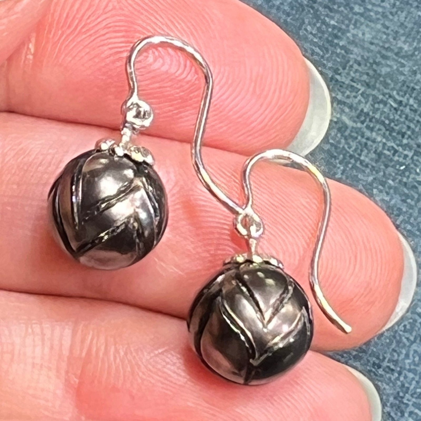 Carved Tahitian Black Pearl Earrings in Sterling Silver. Lotus Blossom