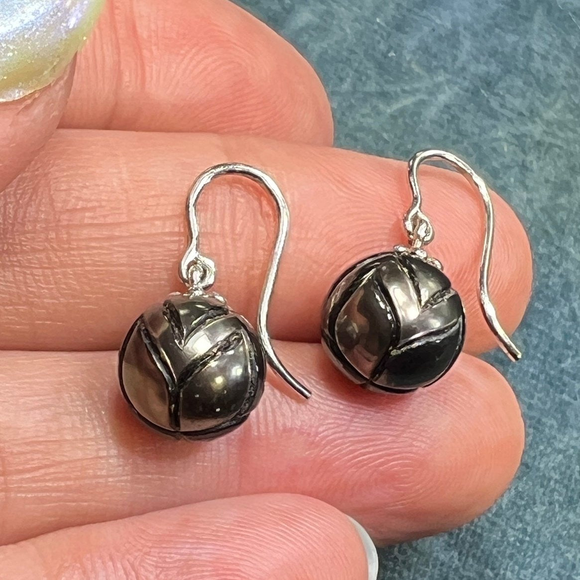 Carved Tahitian Black Pearl Earrings in Sterling Silver. Lotus Blossom