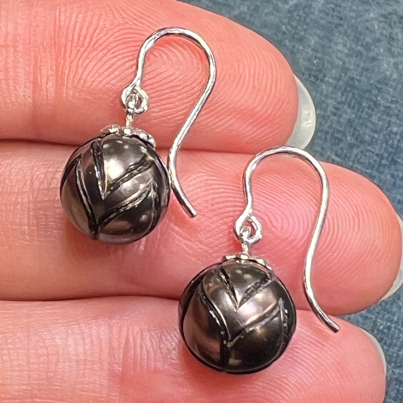 Carved Tahitian Black Pearl Earrings in Sterling Silver. Lotus Blossom