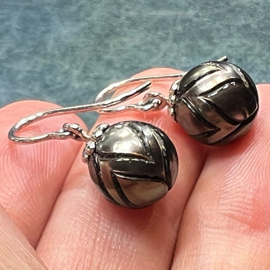 Carved Tahitian Black Pearl Earrings in Sterling Silver. Lotus Blossom