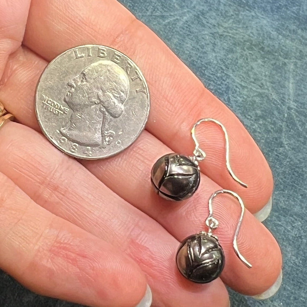 Carved Tahitian Black Pearl Earrings in Sterling Silver. Lotus Blossom