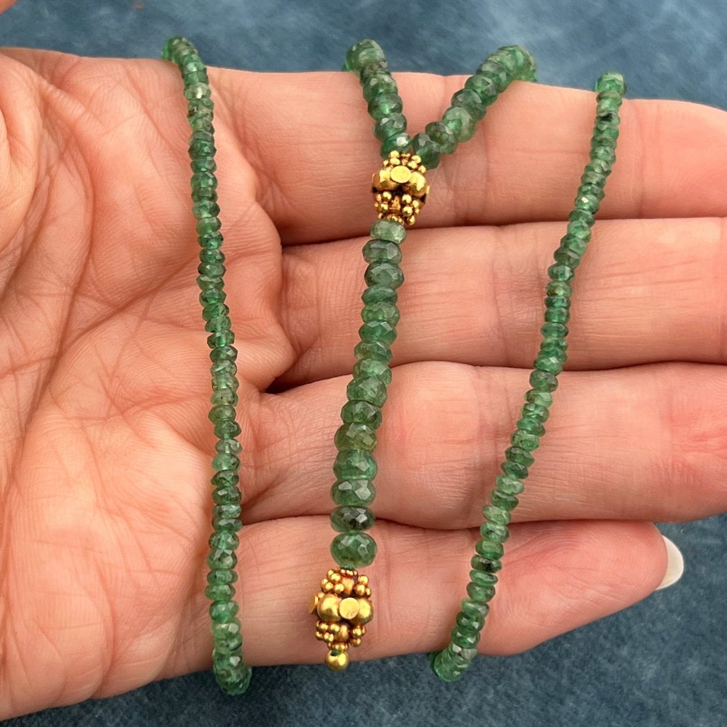 Emerald Briolette Necklace w 18k Etruscan Beads + Clasp