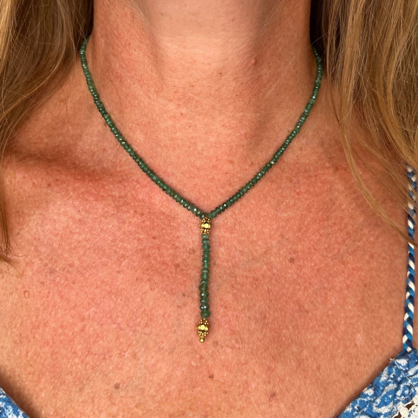 Emerald Briolette Necklace w 18k Etruscan Beads + Clasp